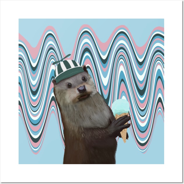 Cute Otter With Ice Cream on a Fun Swirl Background Wall Art by Suneldesigns